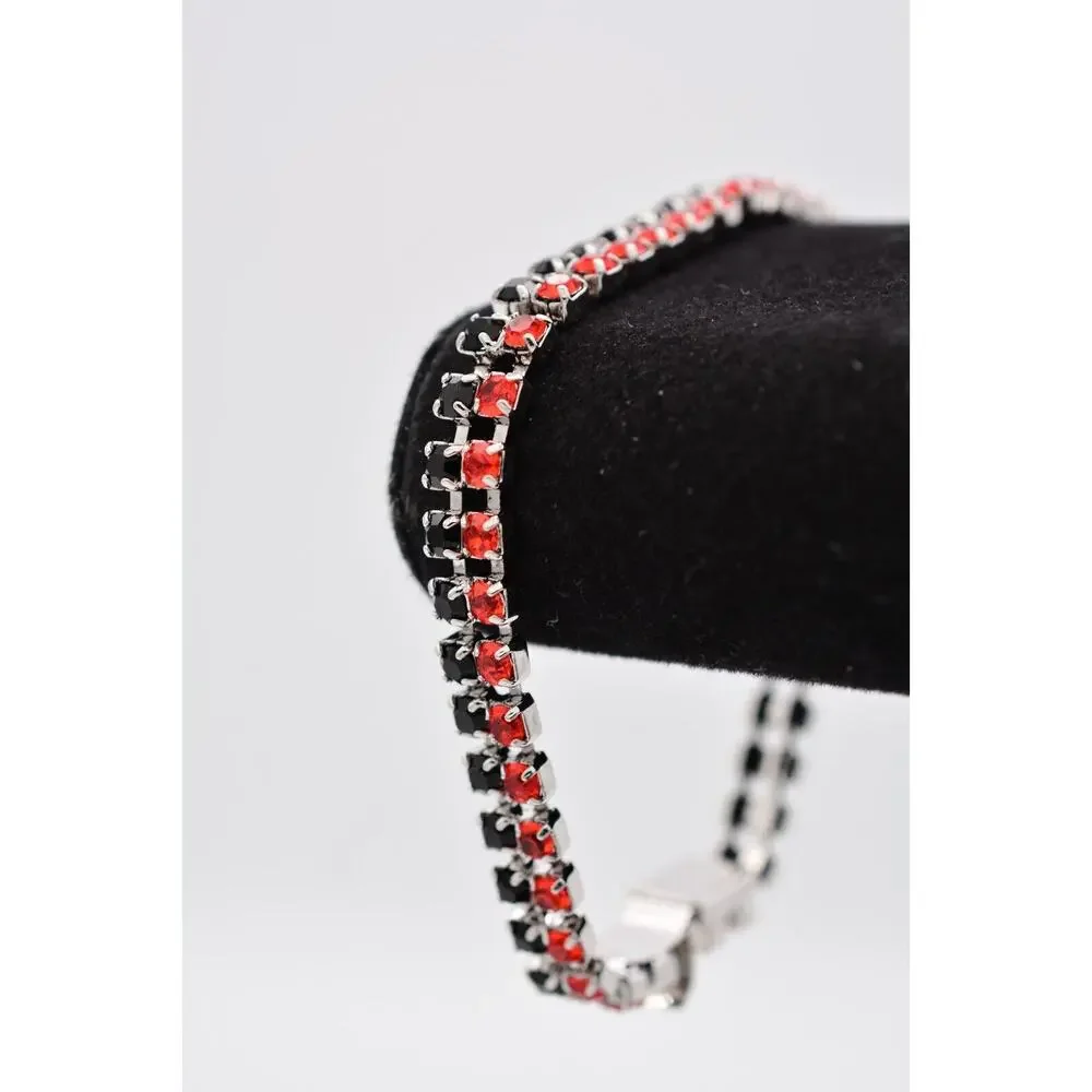 Vintage Crystal Bracelet Prong Rhinestone Orange Black Silver Tone 1980s Bin6